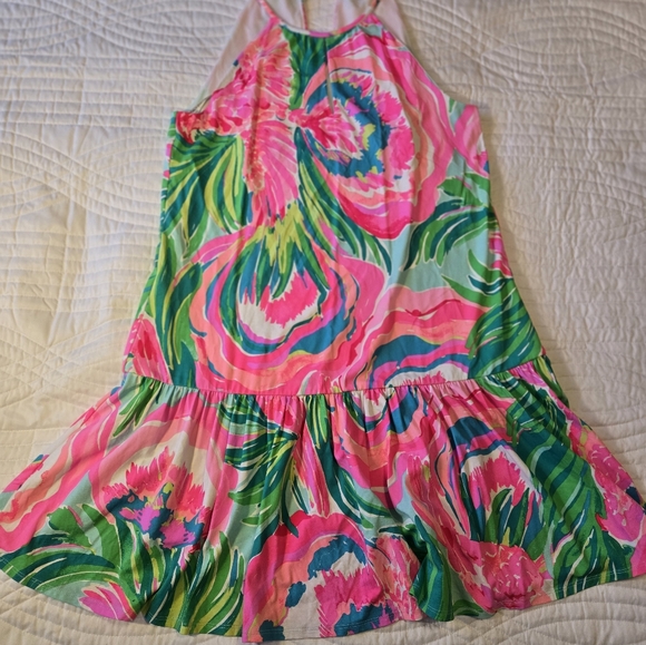 Lilly Pulitzer Pink and Green Floral Mini Dress Keyhole Neck Women's Size Medium - Picture 2 of 10